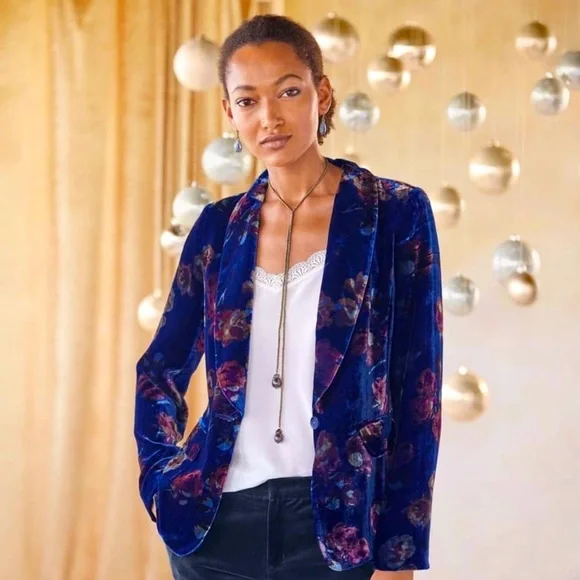 SUNDANCE Rose Garden Blue Floral Velvet Blazer size 10 - Picture 1 of 11